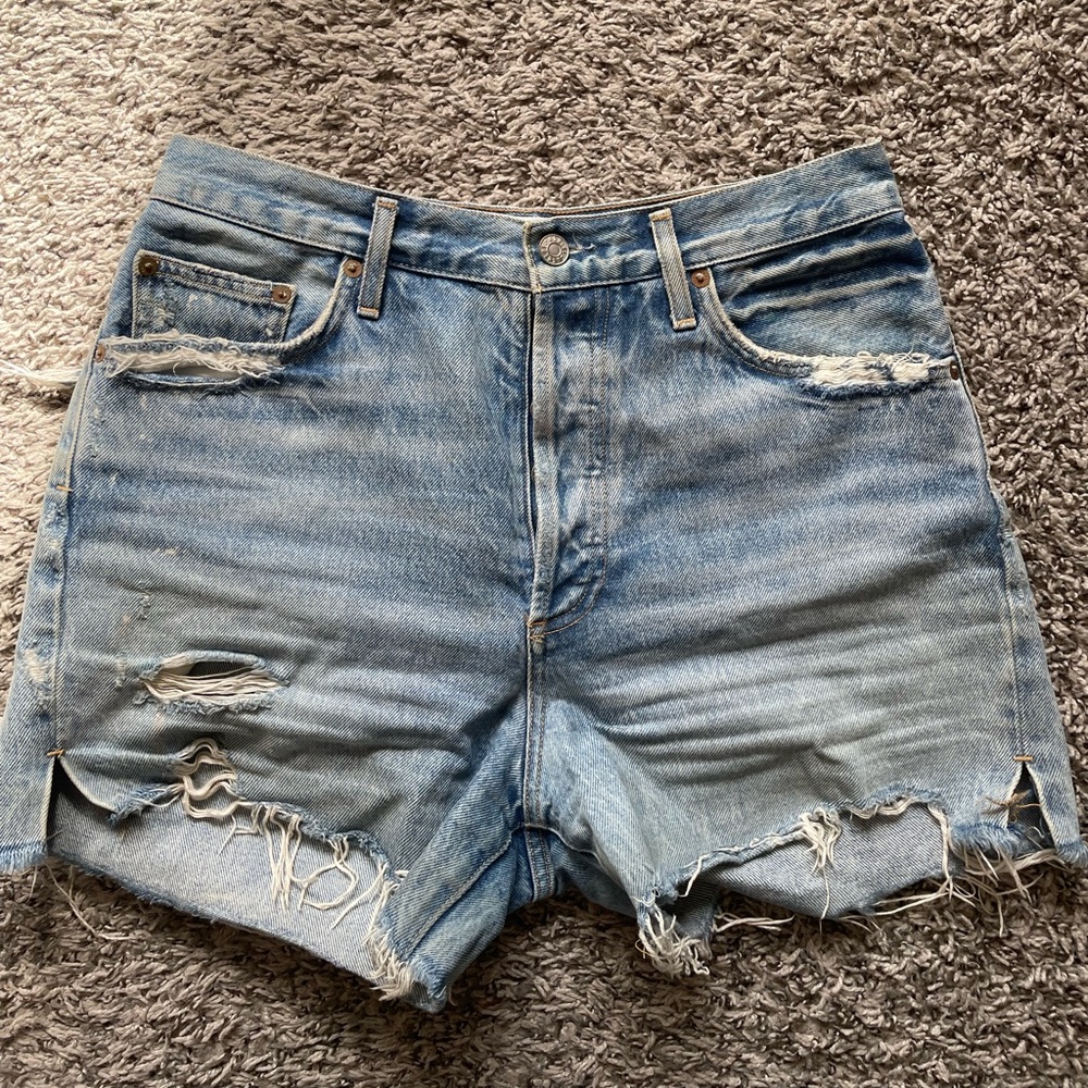 Agolde Washed Light Blue Distressed High-Rise Jean Shorts